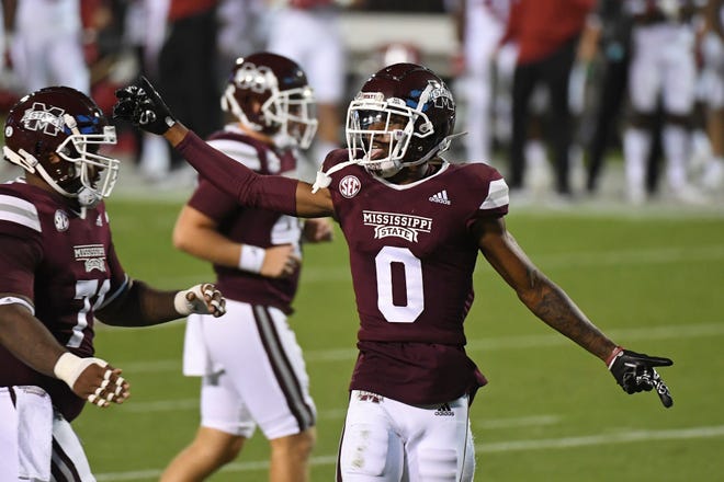 Mississippi State wide receiver JaVonta Payton (0) reacts after a touchdown during the first half of the team's NCAA college football game against Arkansas in Starkville, Miss., Saturday, Oct. 3, 2020.